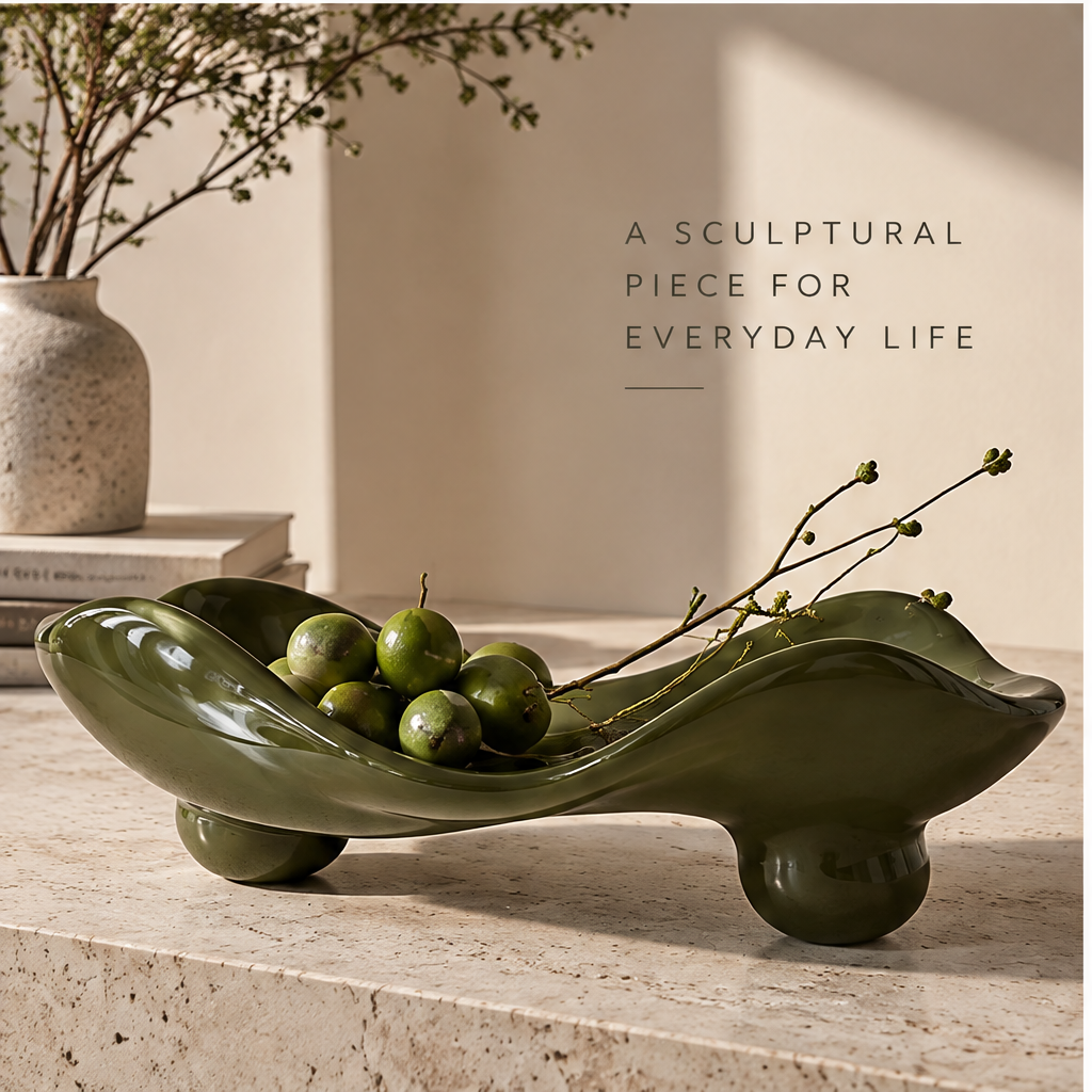 Olive green tray styled on stone surface โ A Sculptural Piece for Everyday Life