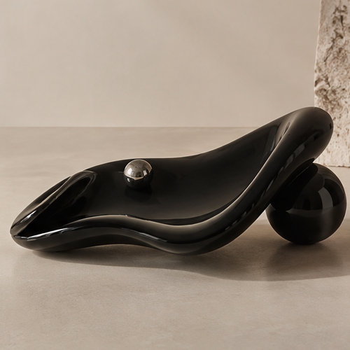 Glossy black flow-form organic tray — clean plain background