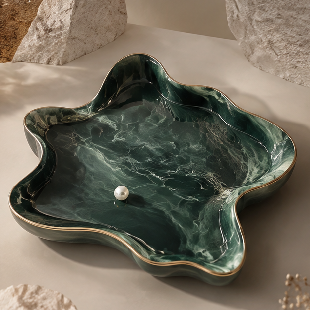 Emerald marble resin petal tray with single pearl — clean background