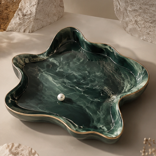Emerald marble resin petal tray with single pearl — clean background