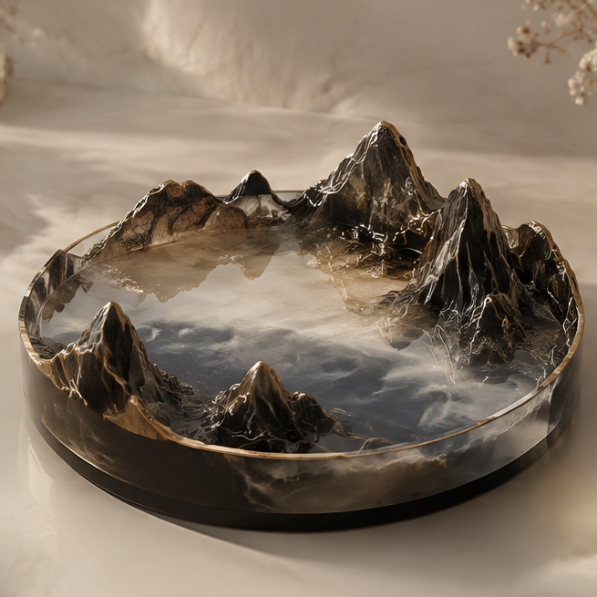 Black gold mountain landscape resin tray — top view, clean background