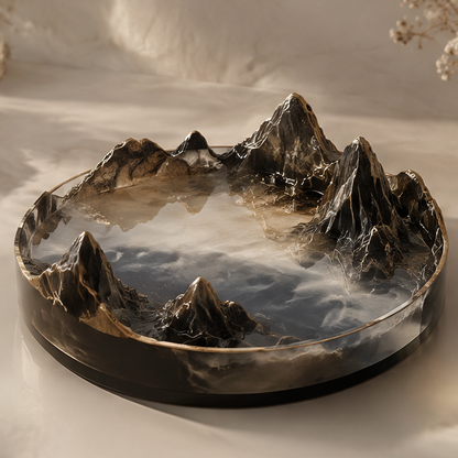 Black gold mountain landscape resin tray — top view, clean background