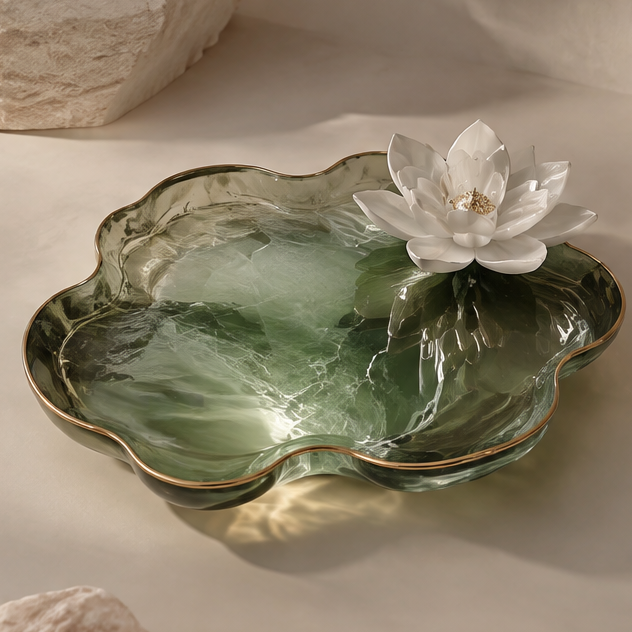 Sage green marble resin petal tray with white lotus ornament — clean background