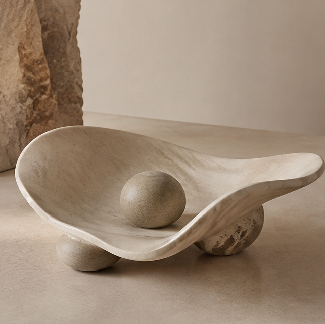 Travertine-tone leaf-form organic tray with stone ball — clean background