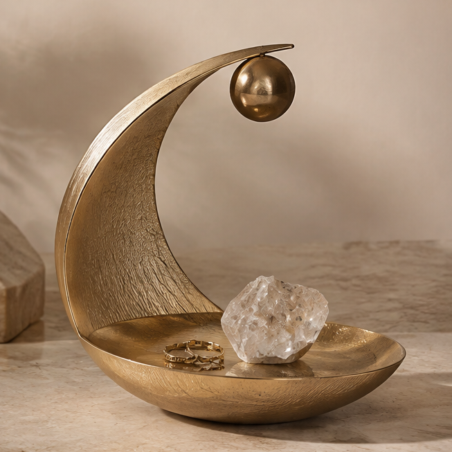 Gold crescent moon metal tray with crystal and rings — clean background
