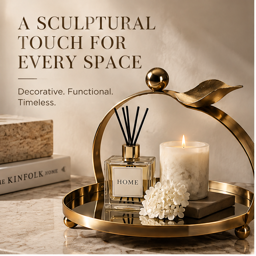 Gold round tray with candle and reed diffuser — Sculptural Touch for Every Space