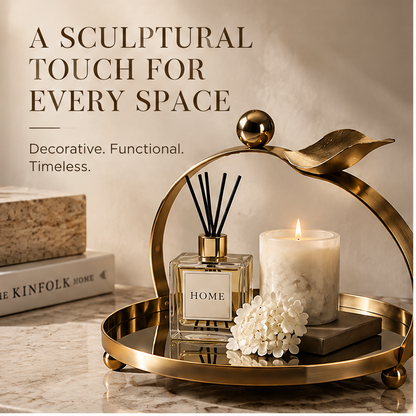Gold round tray with candle and reed diffuser — Sculptural Touch for Every Space