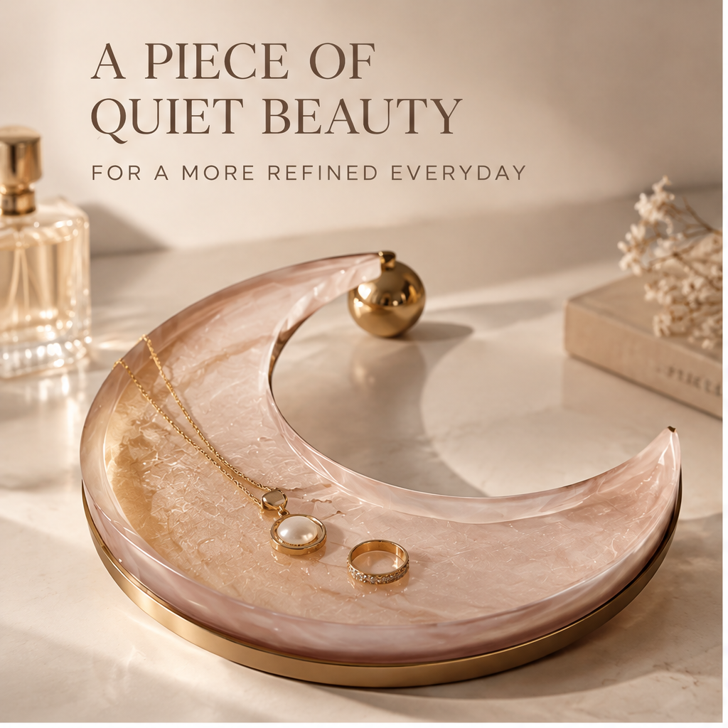 Pink resin moon tray with necklace and ring — A Piece of Quiet Beauty