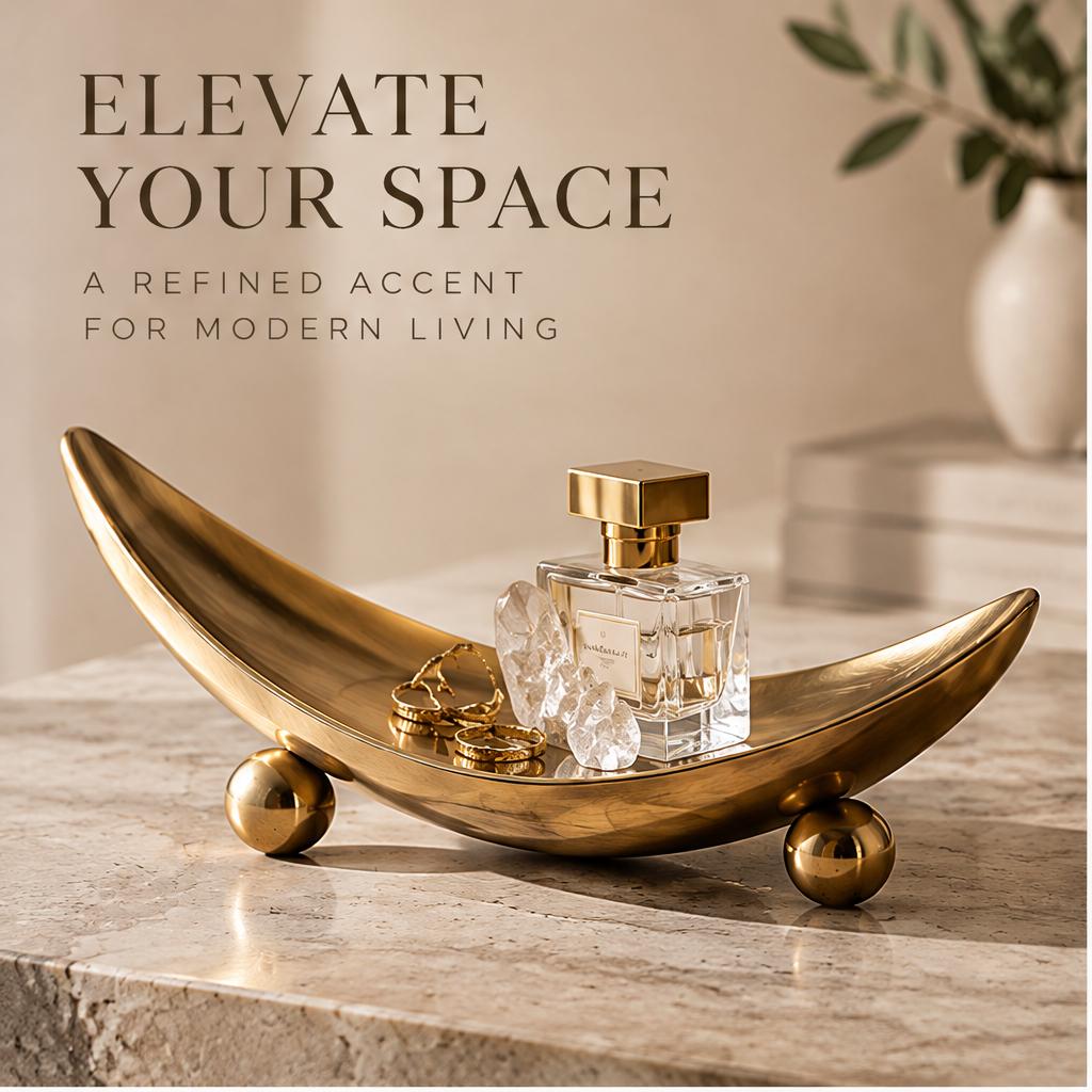 Gold boat-form tray with perfume and crystal — Elevate Your Space
