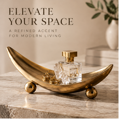 Gold boat-form tray with perfume and crystal — Elevate Your Space