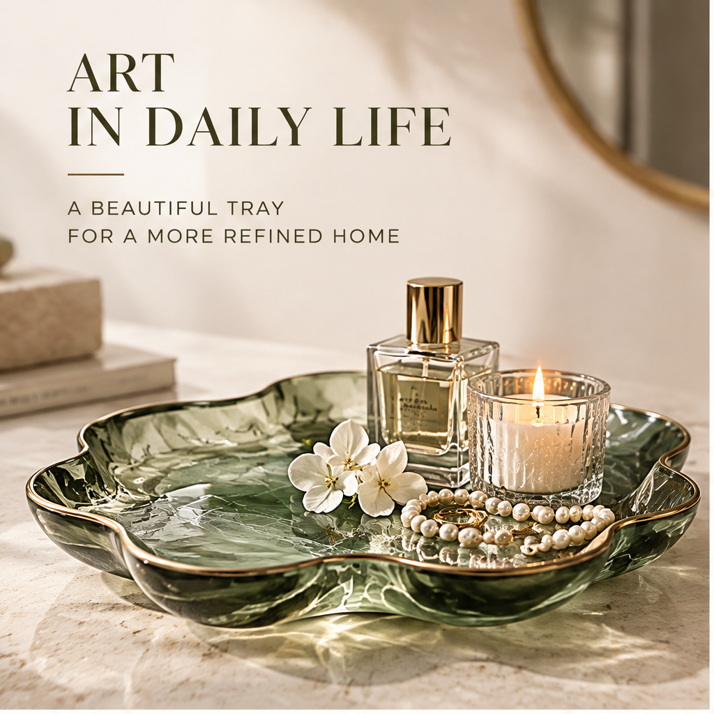 Sage green marble tray with candle, reed diffuser and vase — A Small Piece of Beauty