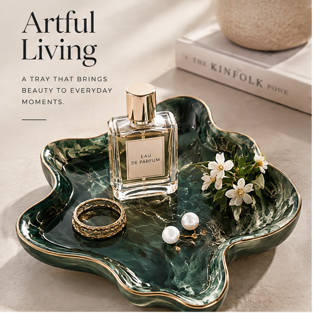 Emerald marble tray with perfume, ring and pearl earrings — Artful Living