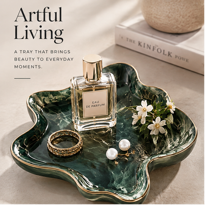 Emerald marble tray with perfume, ring and pearl earrings — Artful Living