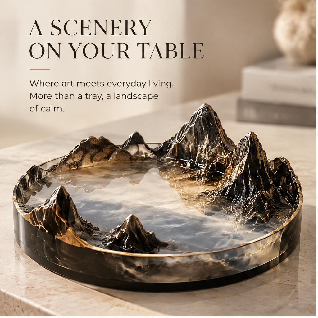 Mountain landscape resin tray with candle and reed diffuser — Elevate Every Moment