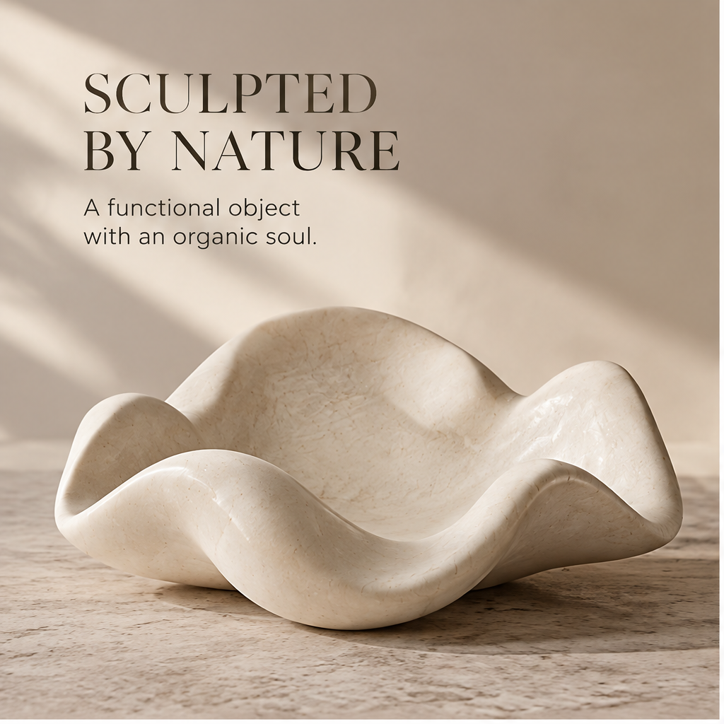 Ivory wave-rim tray on shelf with botanicals — A Refined Presence