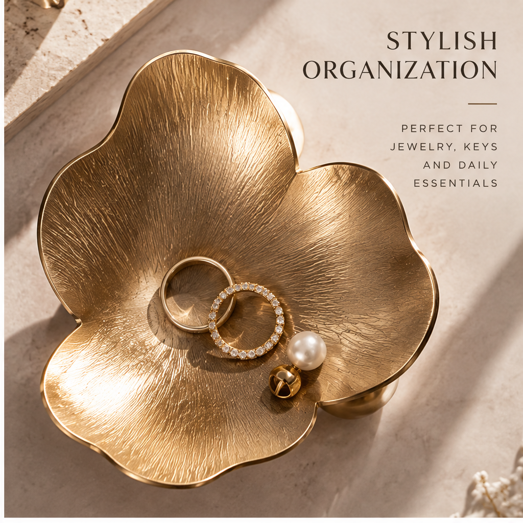 Top-down view of gold flower tray with rings — Stylish Organisation