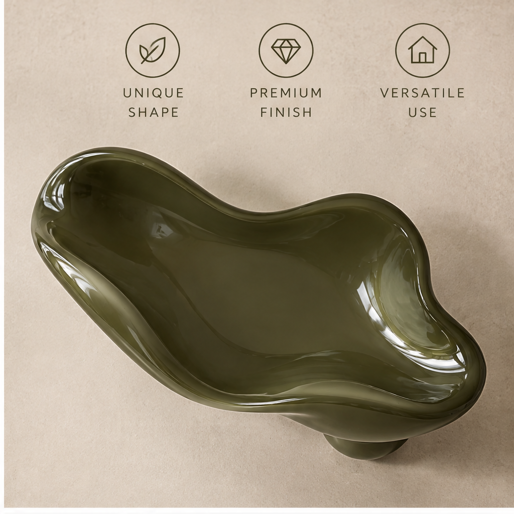 Top-down view of olive green organic tray — Unique Shape, Premium Finish