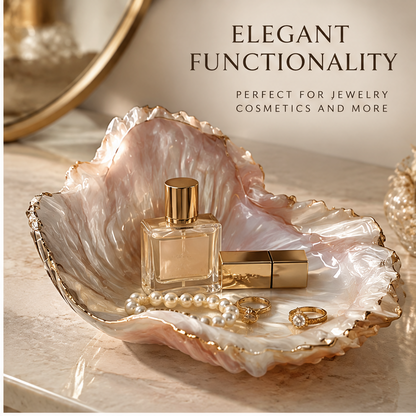 Pearl shell resin tray with perfume, lipstick and pearl necklace — Elegant Functionality