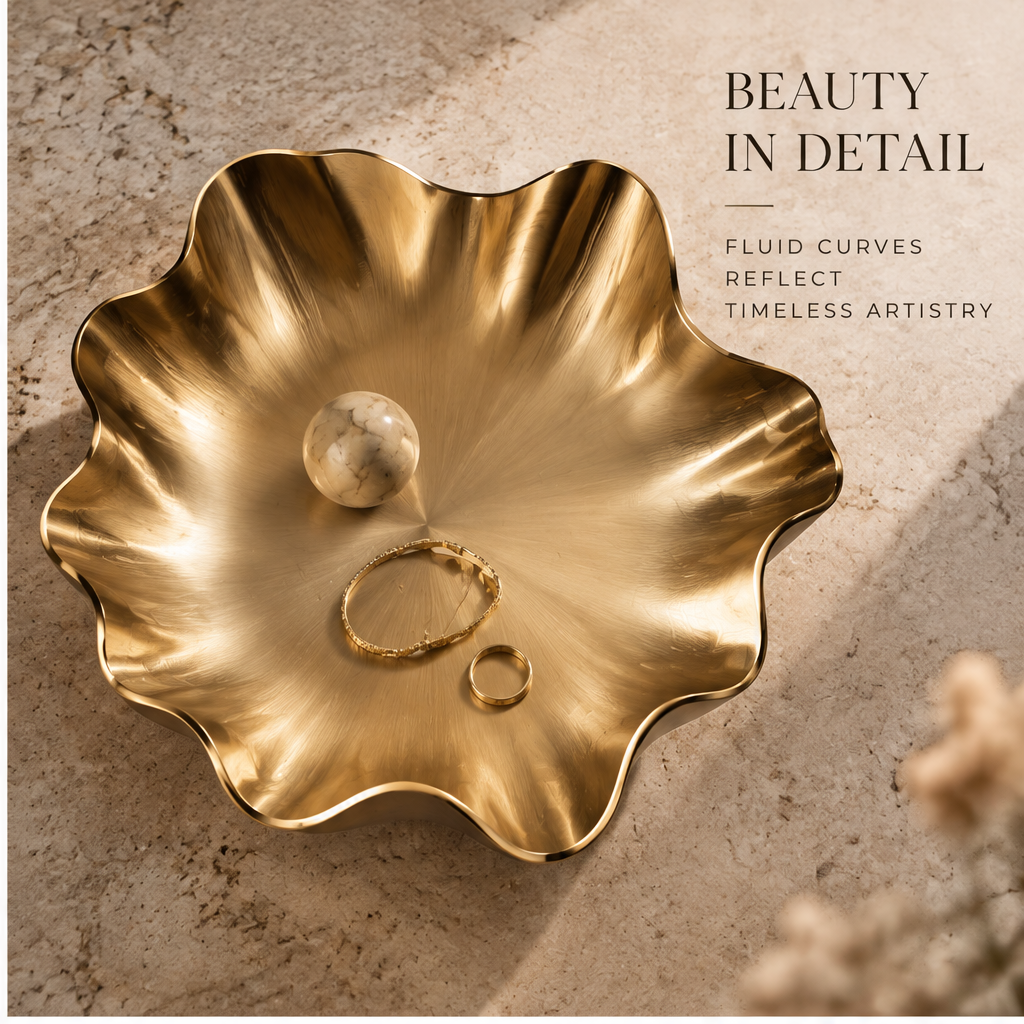 Top-down view of gold wave tray with marble ball and rings — Beauty in Detail