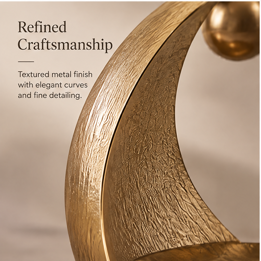 Gold crescent moon tray styled with perfume and rings — Sculptural Home Essential