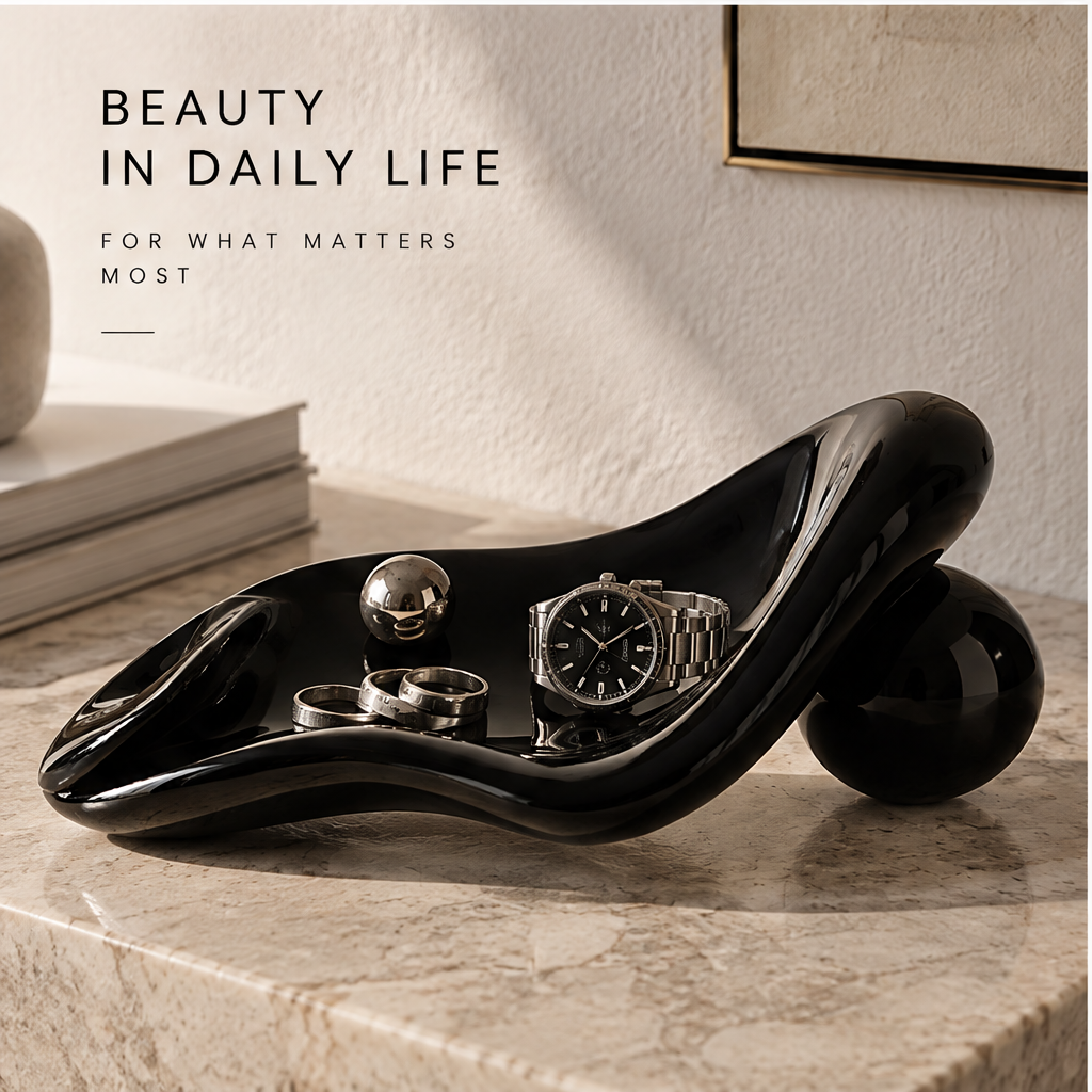 Black tray styled with watch and rings — Beauty in Daily Life