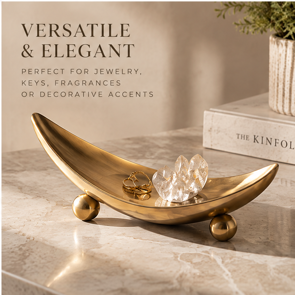 Gold crescent tray dimensions — 28cm x 8.5cm x 5cm, Sculptural Silhouette