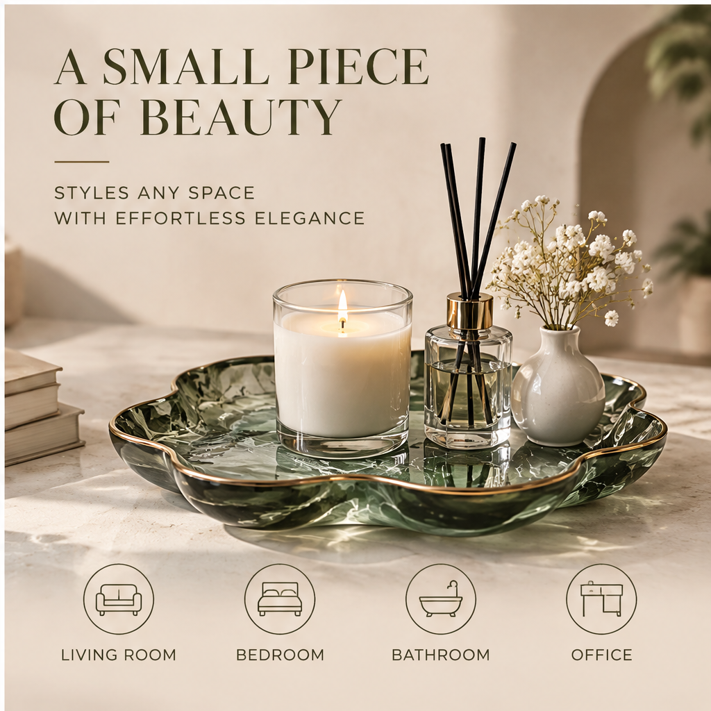 Sage green marble resin petal tray top-down — Luxury Look, Premium Resin, Unique Marble Pattern