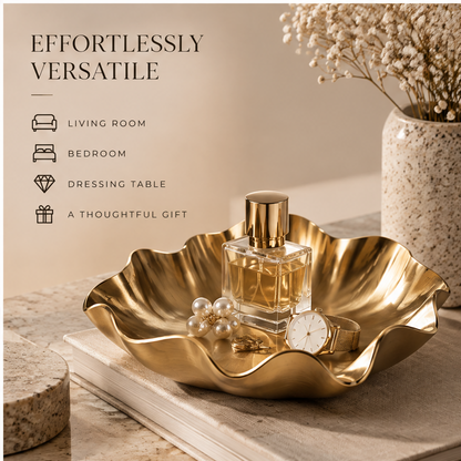 Gold wave-edge tray with perfume and jewellery — Effortlessly Versatile
