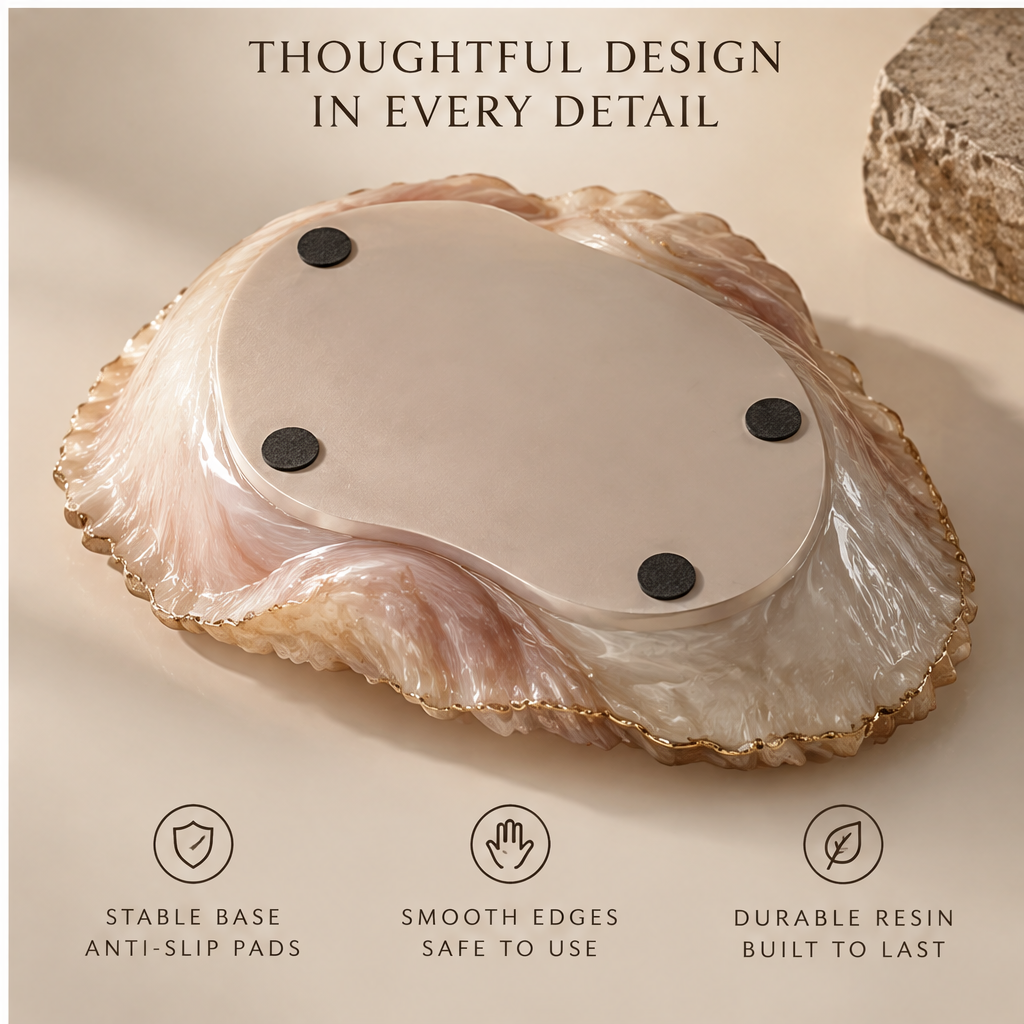 Underside of pearl shell tray showing 4 anti-slip pads — Thoughtful Design in Every Detail