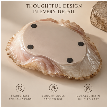 Underside of pearl shell tray showing 4 anti-slip pads — Thoughtful Design in Every Detail