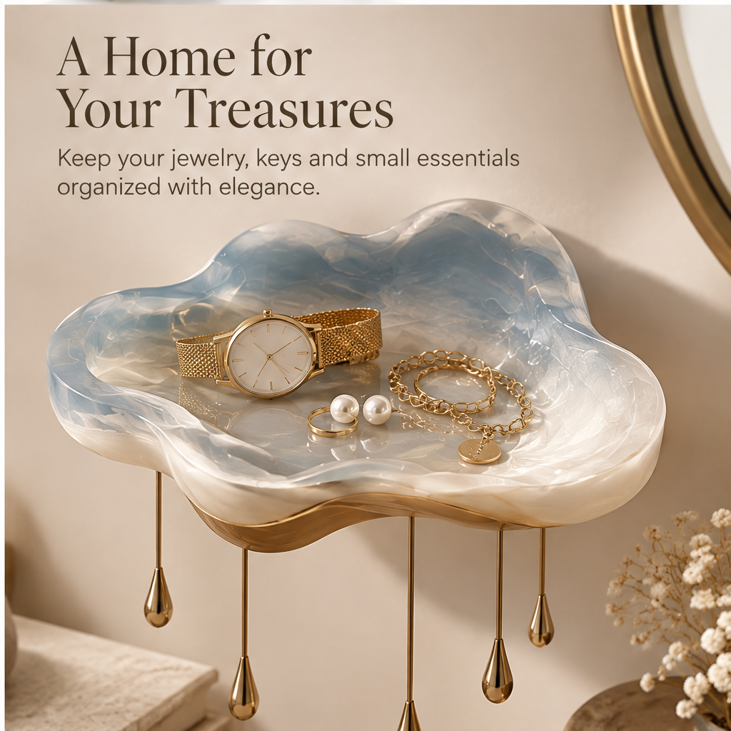 Blue marble cloud tray showing gold raindrop pendants from below — Art in Every Angle