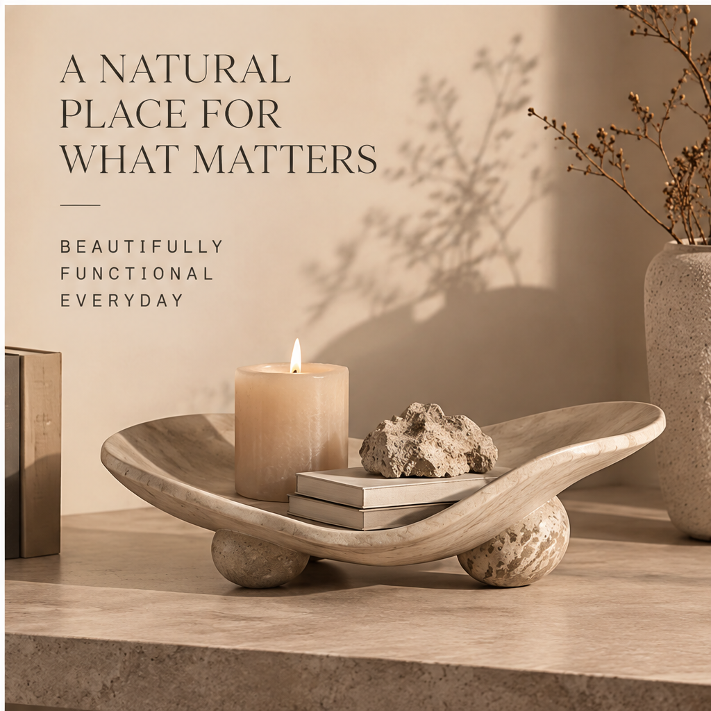 Wide organic tray styled with candle and books — A Natural Place for What Matters
