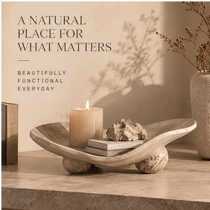 Wide organic tray styled with candle and books — A Natural Place for What Matters